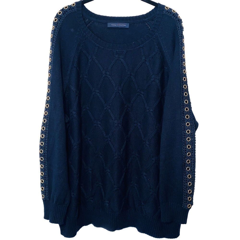 Tommy Hilfiger Navy Blue Sweater Grommet Lace Knit Pullover Women's Size XL
